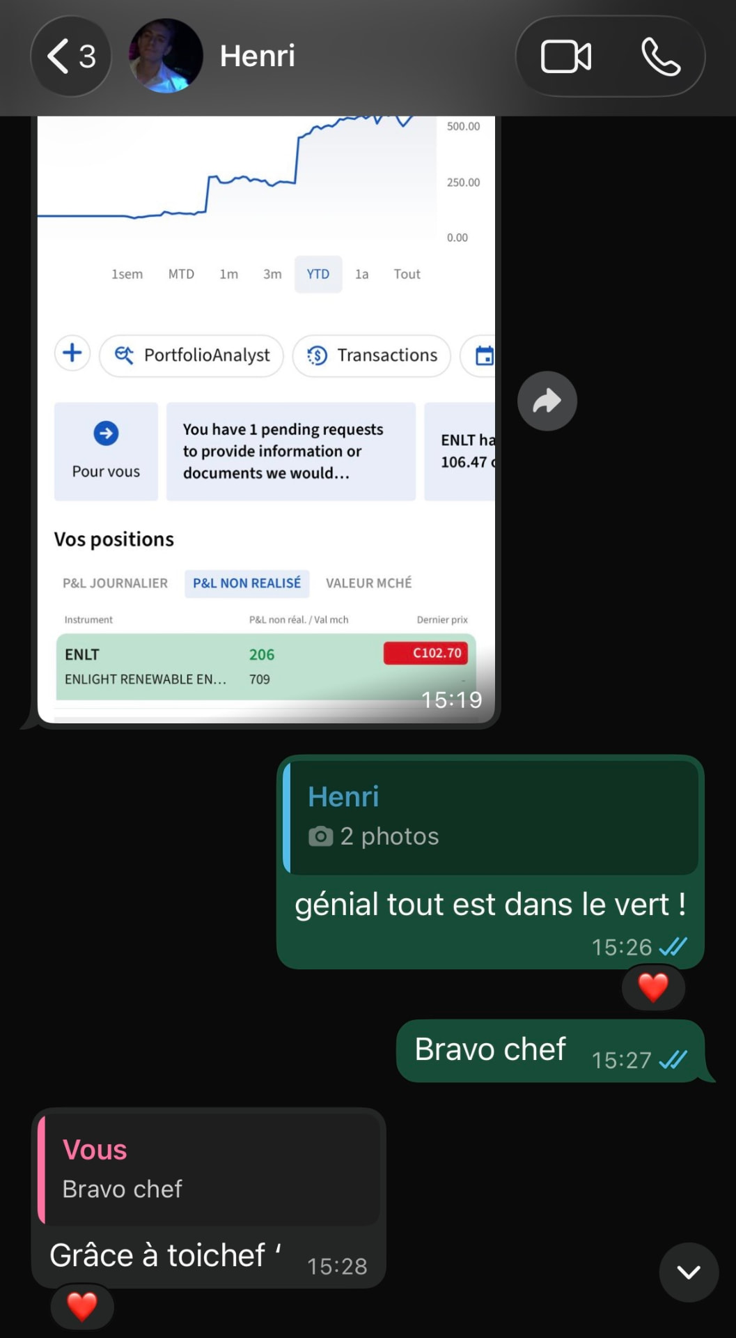 Henri : positions dans le vert et remerciements pour l'accompagnement